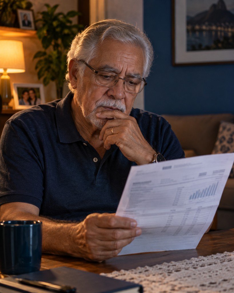 Aposentado analisando extrato do consignado com preocupação